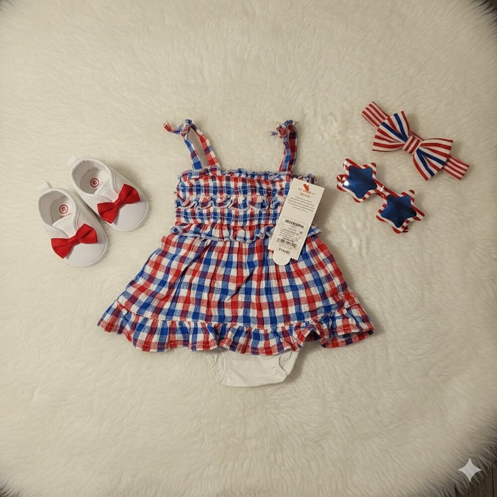 NWT Patriotic Gingham Ruffle Romper Set 4th of July Red White Blue Size Newborn